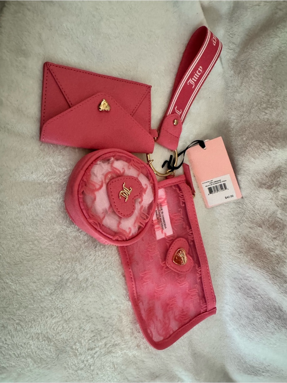 Juicy Couture Hot Pink Heart Charm Wristlet Card & Coin Set